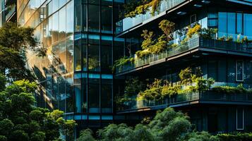 AI generated Sustainable green building. Eco-friendly building. Sustainable glass office building with tree for reducing carbon dioxide. Office with green environment. Corporate building reduce CO2. photo