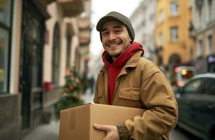 AI generated delivery man smiling in town with box. photo