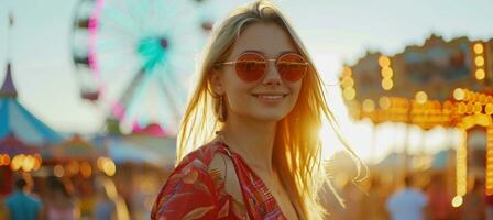 AI generated an attractive blonde woman walks on a fairground. photo