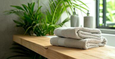 AI generated folded towels on wooden countertop with plant. photo