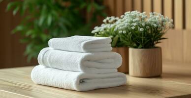 AI generated folded towels on wooden countertop with plant. photo