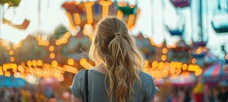 AI generated an attractive blonde woman walks on a fairground. photo