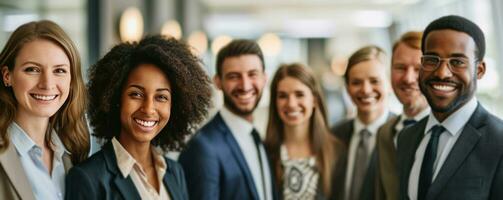 AI generated group of people in business attire smiling and smiling. photo