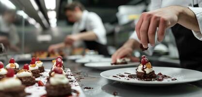 ai generado cocinero en blanco cocinero montaje un postre en un cocina. foto