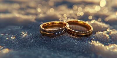 AI generated two wedding rings set on a snow background. photo