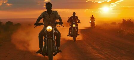 AI generated men are riding motorcycles down a dirt road at sunset. photo