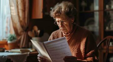 AI generated lady is reading paperwork in kitchen at home. photo