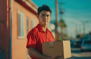 ai generado uno entrega hombre en un rojo camisa participación un caja. foto