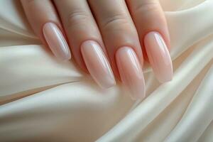 AI generated long pink nails with smooth edges on white fabric. photo