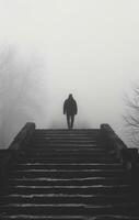 AI generated man standing up on a staircase in a foggy day. photo