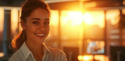 AI generated female businesswoman smiling working in an office environment. photo