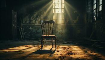 AI generated Abandoned chair sits in spooky, dark, ruined, old building generated by AI photo