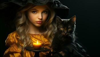 AI generated A cute witch holding a candle, looking at the camera generated by AI photo
