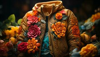 AI generated Autumn fashion men jacket, multi colored leaf pattern, nature elegance generated by AI photo