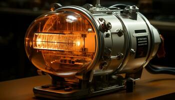 AI generated Old machinery in factory, working with steel, illuminated by light generated by AI photo