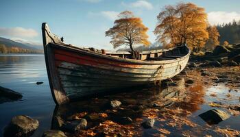 AI generated Abandoned rowboat reflects tranquil autumn landscape, serene beauty in nature generated by AI photo