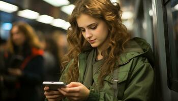 AI generated Young woman smiling, texting on phone, enjoying subway ride generated by AI photo