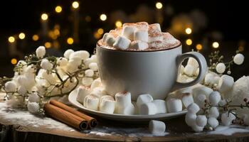 AI generated Hot chocolate warms the winter with marshmallow decoration and love generated by AI photo