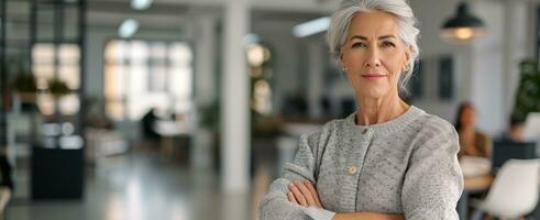 AI generated woman in the office posing with her arms crossed. photo