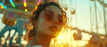 ai generado mujer vistiendo Gafas de sol con un diversión parque en el antecedentes. foto