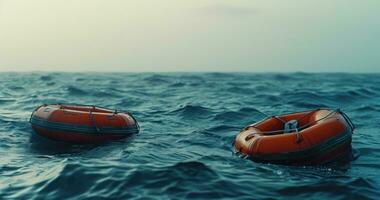 AI generated two rafts floating in the ocean between life preserver buoys. photo