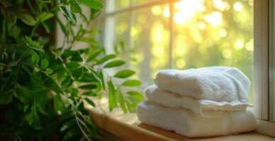 AI generated white towels are placed on a table in a bathroom. photo