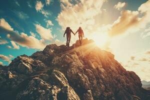 AI generated two people are holding hands at the top of a rocky mountain. photo