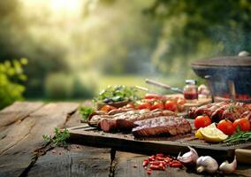 ai generado el mesa para un asar a la parrilla al aire libre barbacoa tiene comida en él. foto