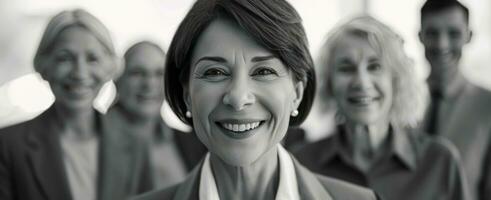 ai generado mayor mujer sonriente en el antecedentes con grupo de más viejo colegas. foto