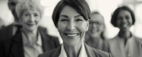 ai generado mayor mujer sonriente en el antecedentes con grupo de más viejo colegas. foto