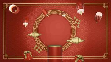 3D red background chinese new year with minimalist podium, suitable for product promotion video