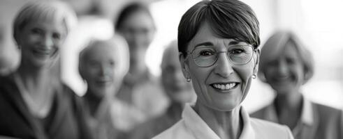 ai generado mayor mujer sonriente en el antecedentes con grupo de más viejo colegas. foto