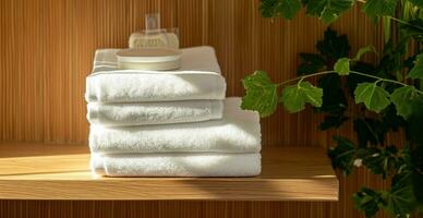 AI generated two pairs of white towels are sitting on top of a wood shelf photo