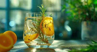 AI generated a glass of water with lemon slices and rosemary with a straw photo