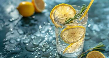 AI generated a glass of water with lemon slices and rosemary with a straw photo