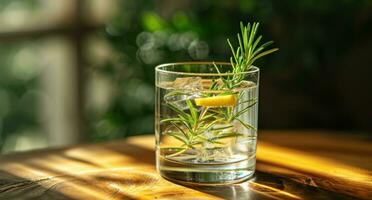 AI generated a glass of water with lemon slices and rosemary with a straw photo