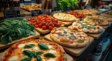 AI generated a table of pizzas and other Italian food on the counter photo