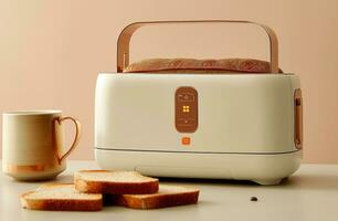 AI generated a white three slice multi toast toaster and coffee and slices of bread photo