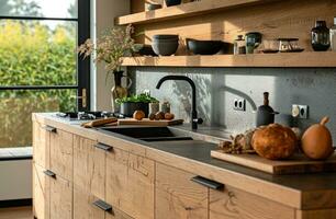 ai generado un cocina con de madera contadores y vaso estantería foto