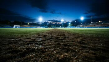 ai generado brillante focos iluminar un oscuro fútbol campo a noche generado por ai foto