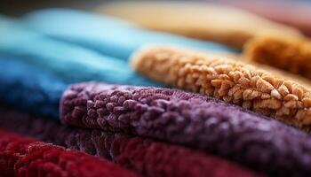 AI generated Fluffy wool stack, vibrant colors, homemade dessert arrangement generated by AI photo