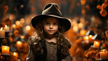 AI generated Cute child smiling, celebrating Halloween night with candle and happiness generated by AI photo