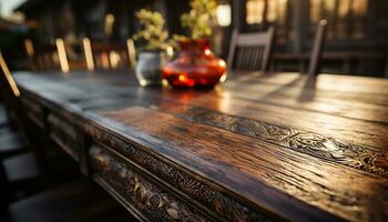 AI generated Rustic wood table in modern coffee shop, glass vase decoration generated by AI photo