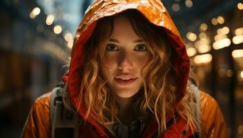 AI generated Young woman smiling, looking at camera, in wet raincoat generated by AI photo