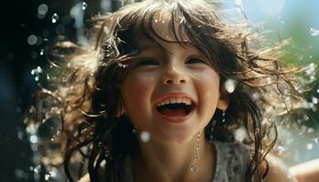 AI generated Smiling girl splashing water, enjoying carefree summer outdoors generated by AI photo