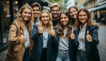 ai generado un exitoso grupo de profesionales, sonriente y abrazando unidad generado por ai foto