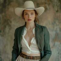AI generated actress in a skirt and white hat photo