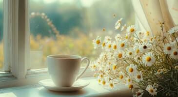 AI generated a cup of coffee is on a window sill next to flowers photo