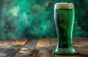 AI generated a merry st patrick's day beer at a wooden table photo