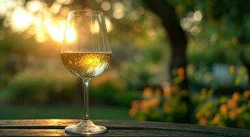 ai generado un vaso de blanco vino es tendido en un mesa al aire libre foto